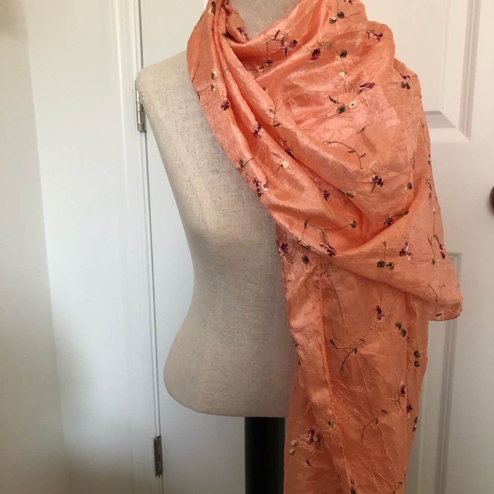 Sherbet Orange Embroidered Crushed Scarf with Fringe